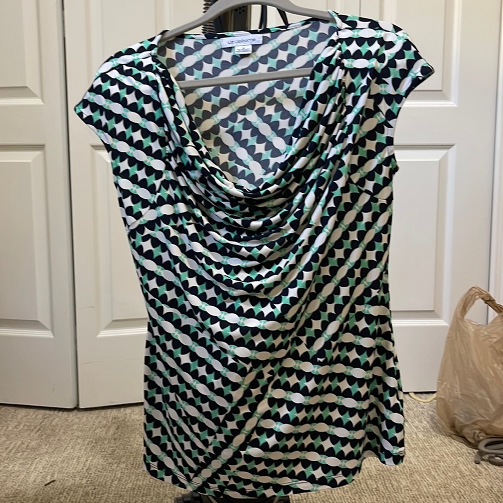 Multi colored, black, white and green blouse, scoop neckline, barely used. Med.